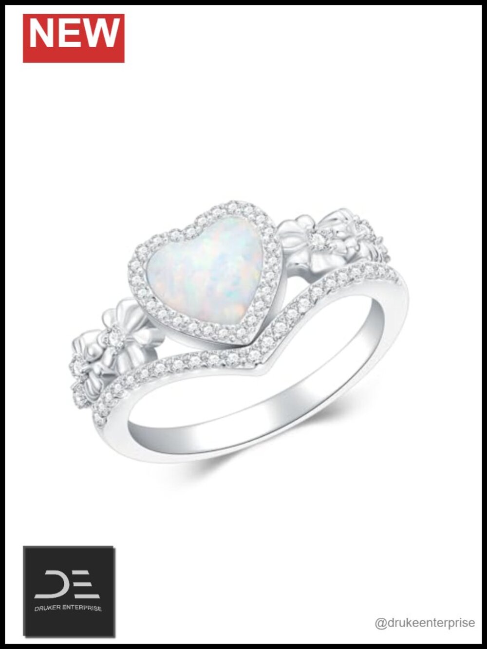 925 Sterling Silver Daisy Heart Opal Ring